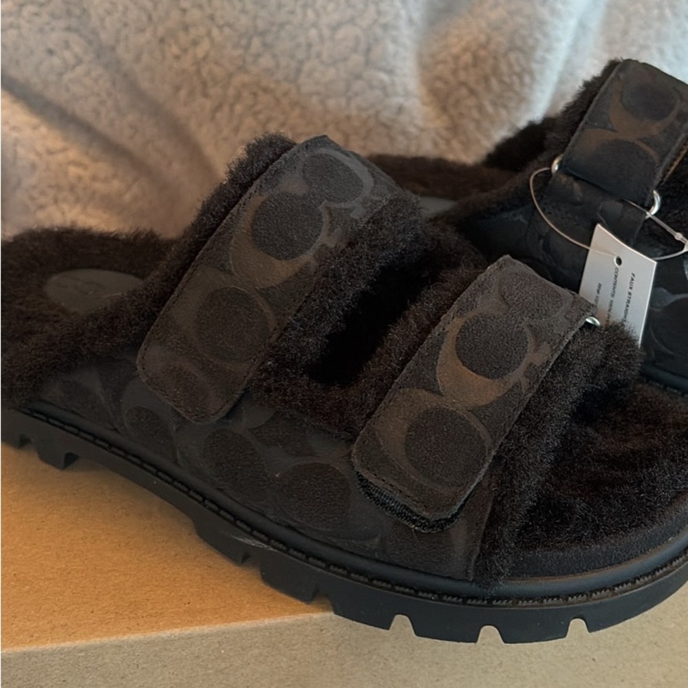 Coach Sherpa Black Fuzzy Double-Strap Slide Sandals size 6 new - Picture 5 of 8